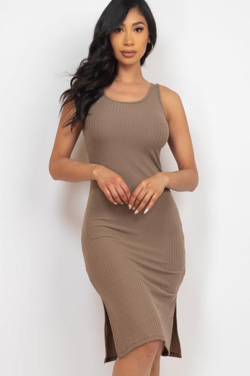 Ribbed Side Slit Tank Midi Dress - Capella Apparel