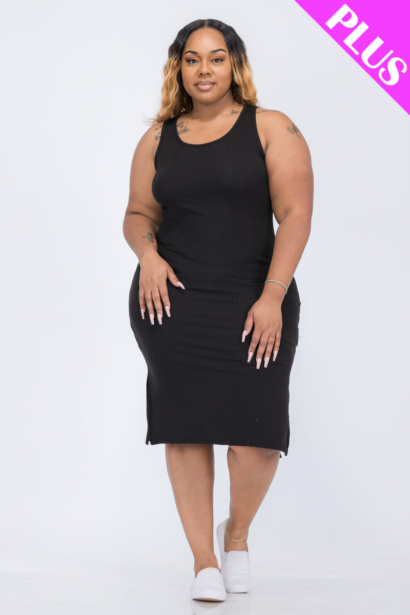 Plus Size Ribbed Side Slit Tank Midi Dress - Capella Apparel