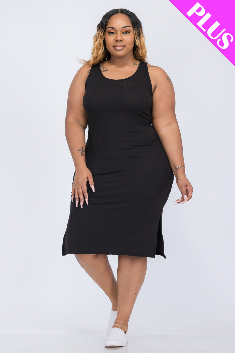 Plus Size Ribbed Side Slit Tank Midi Dress - Black / 2X Plus Size Ribbed Side Slit Tank Midi Dress - Black / 2X