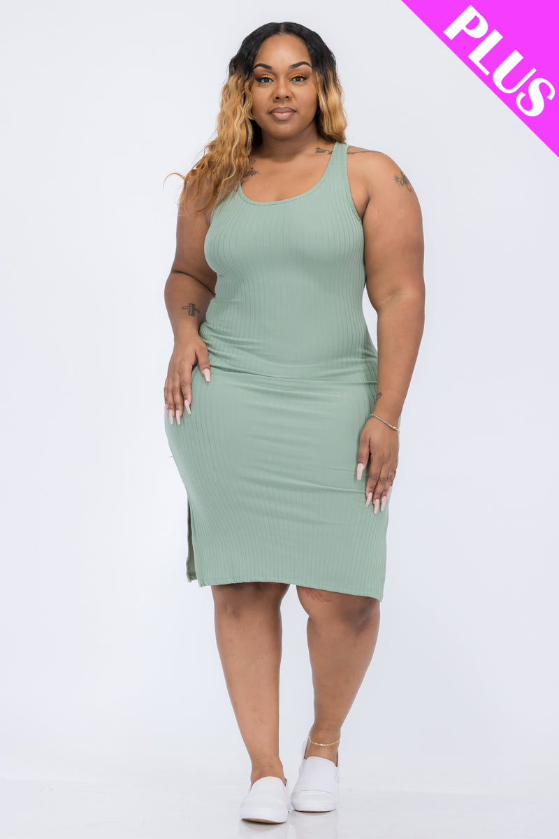 Plus Size Ribbed Side Slit Tank Midi Dress - Capella Apparel