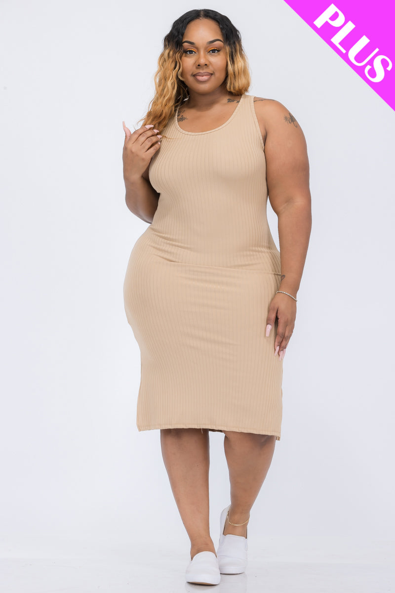 Plus Size Ribbed Side Slit Tank Midi Dress - Capella Apparel