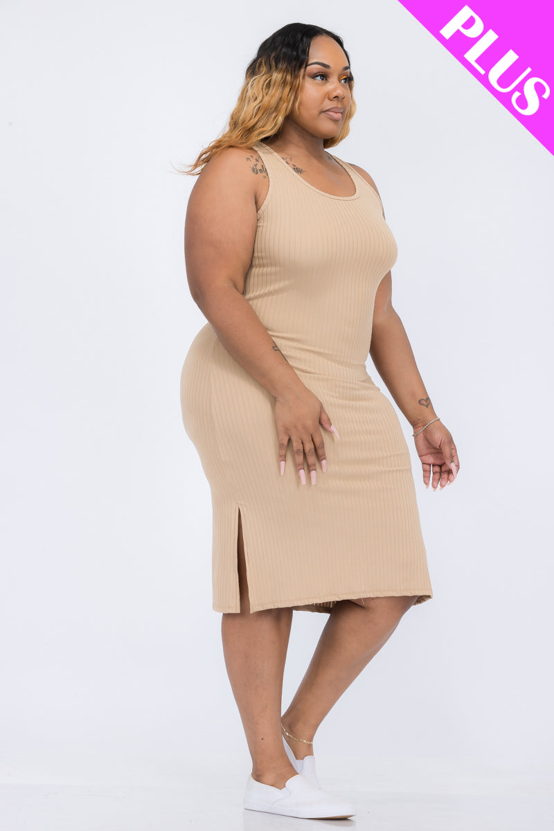 Plus Size Ribbed Side Slit Tank Midi Dress - KHAKI / 2X Plus Size Ribbed Side Slit Tank Midi Dress - KHAKI / 2X