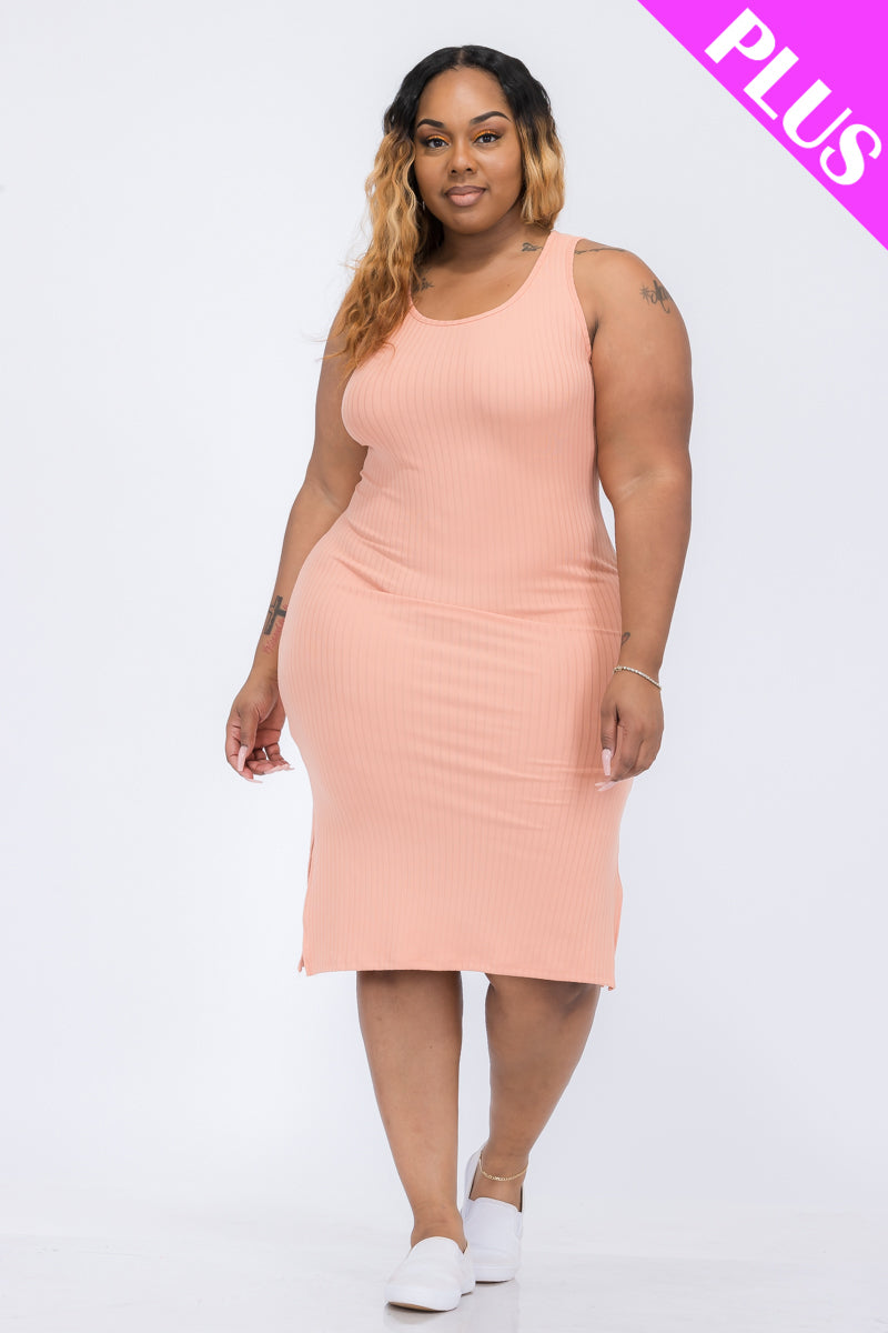 Plus Size Ribbed Side Slit Tank Midi Dress - Capella Apparel