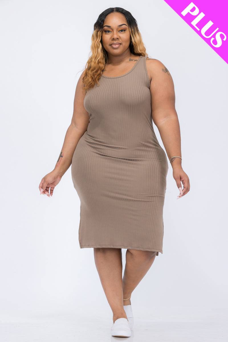 Plus Size Ribbed Side Slit Tank Midi Dress - Capella Apparel