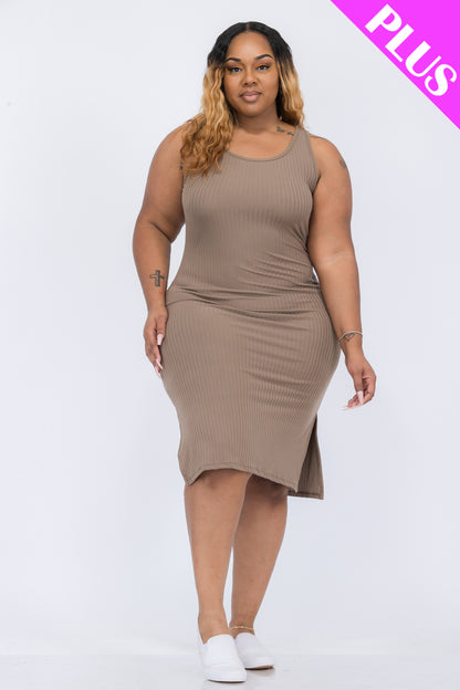 Plus Size Ribbed Side Slit Tank Midi Dress - Capella Apparel