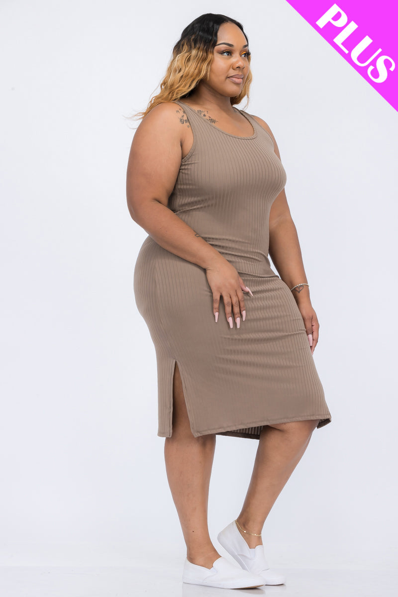 Plus Size Ribbed Side Slit Tank Midi Dress - Capella Apparel