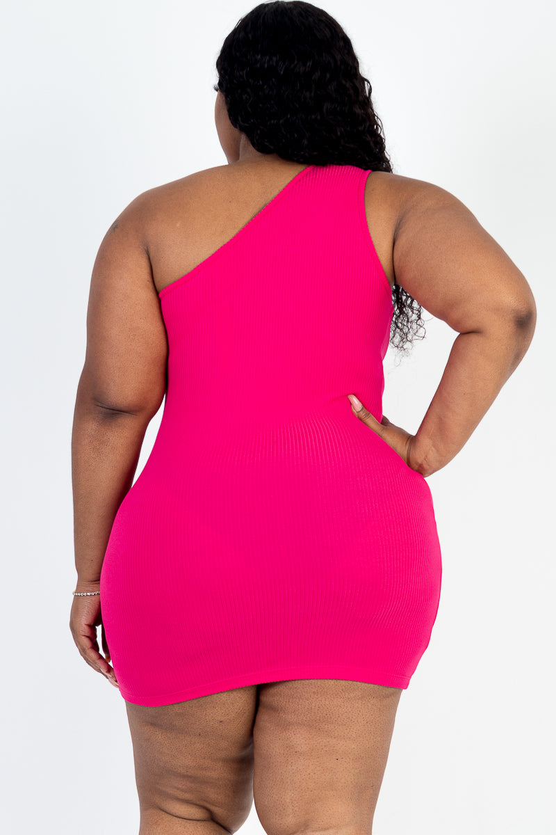 Plus Size Ribbed One Shoulder Cutout Front Casual Mini Bodycon Dress - Capella Apparel