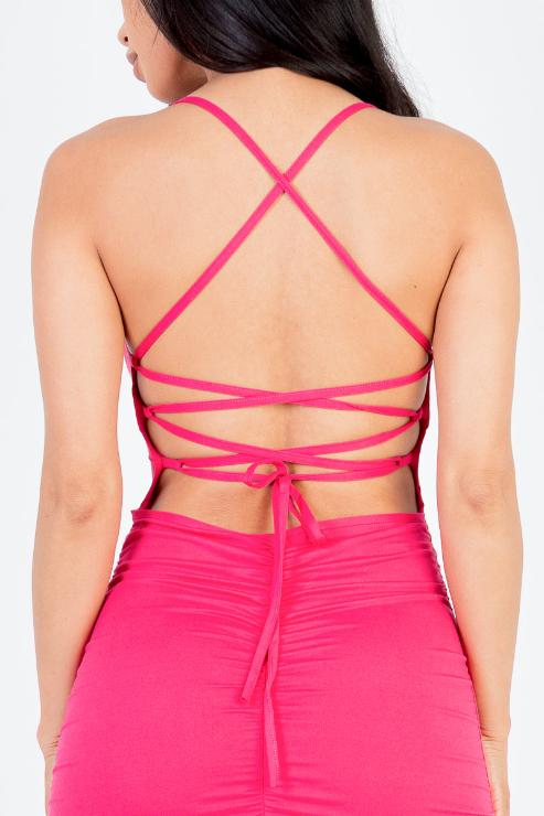 Sexy Solid Color Ruched Crisscross Back Mini Bodycon Dress - Capella Apparel