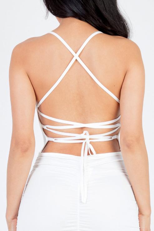 Sexy Solid Color Ruched Crisscross Back Mini Bodycon Dress - Capella Apparel