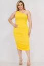 Plus Size Sexy Solid Color Ruched One Shoulder Midi Bodycon Dress - Capella Apparel