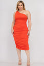 Plus Size Sexy Solid Color Ruched One Shoulder Midi Bodycon Dress - Capella Apparel