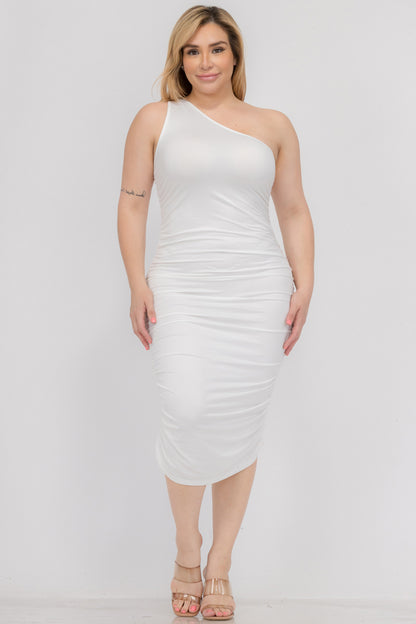 Plus Size Sexy Solid Color Ruched One Shoulder Midi Bodycon Dress - Capella Apparel