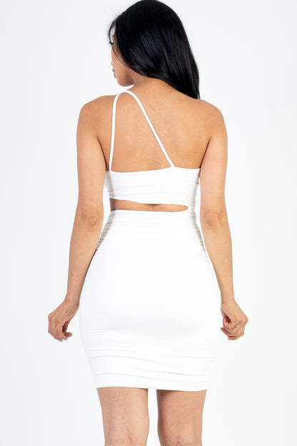 One Shoulder Cut-out Front Ruched Bodycon Mini Dress - Capella Apparel