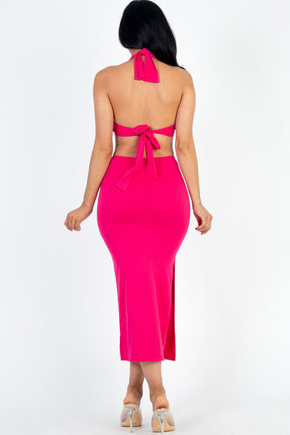 Cut-out Halter Neck Double Back Tie Split Thigh Midi Dress - Capella Apparel