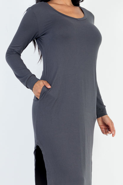 Long Sleeve Curved Hem Midi Dress - Capella Apparel