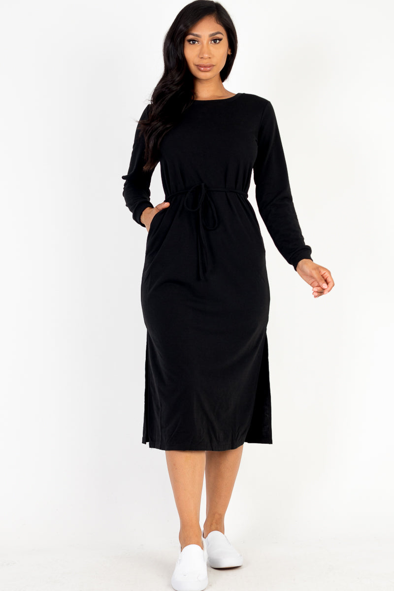 French Terry Long Sleeve Tie Front Midi Dress - Capella Apparel