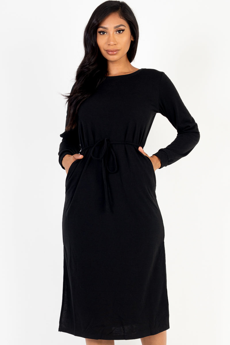 French Terry Long Sleeve Tie Front Midi Dress - Capella Apparel