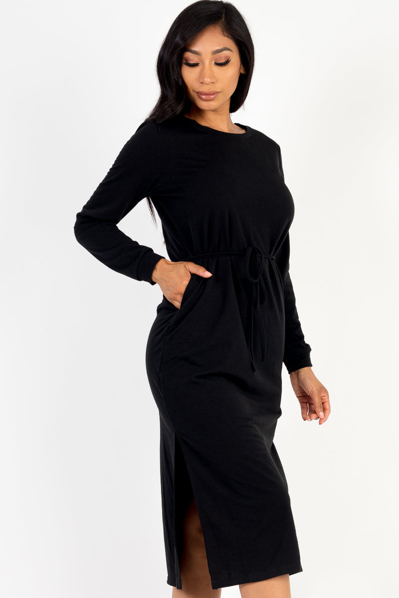 French Terry Long Sleeve Tie Front Midi Dress - Capella Apparel