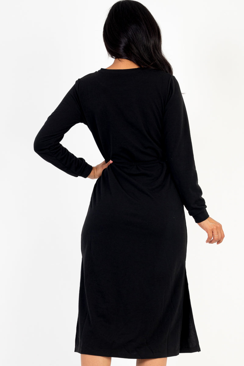 French Terry Long Sleeve Tie Front Midi Dress - Capella Apparel