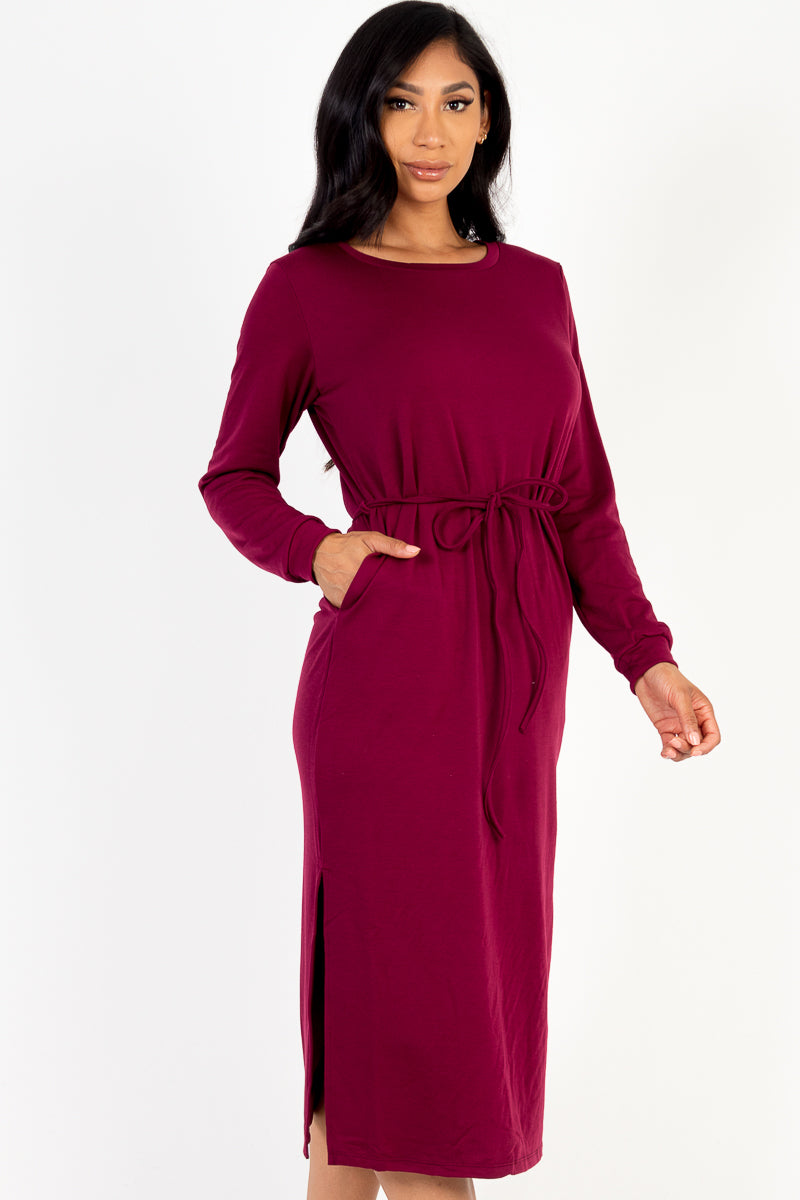 French Terry Long Sleeve Tie Front Midi Dress - Capella Apparel