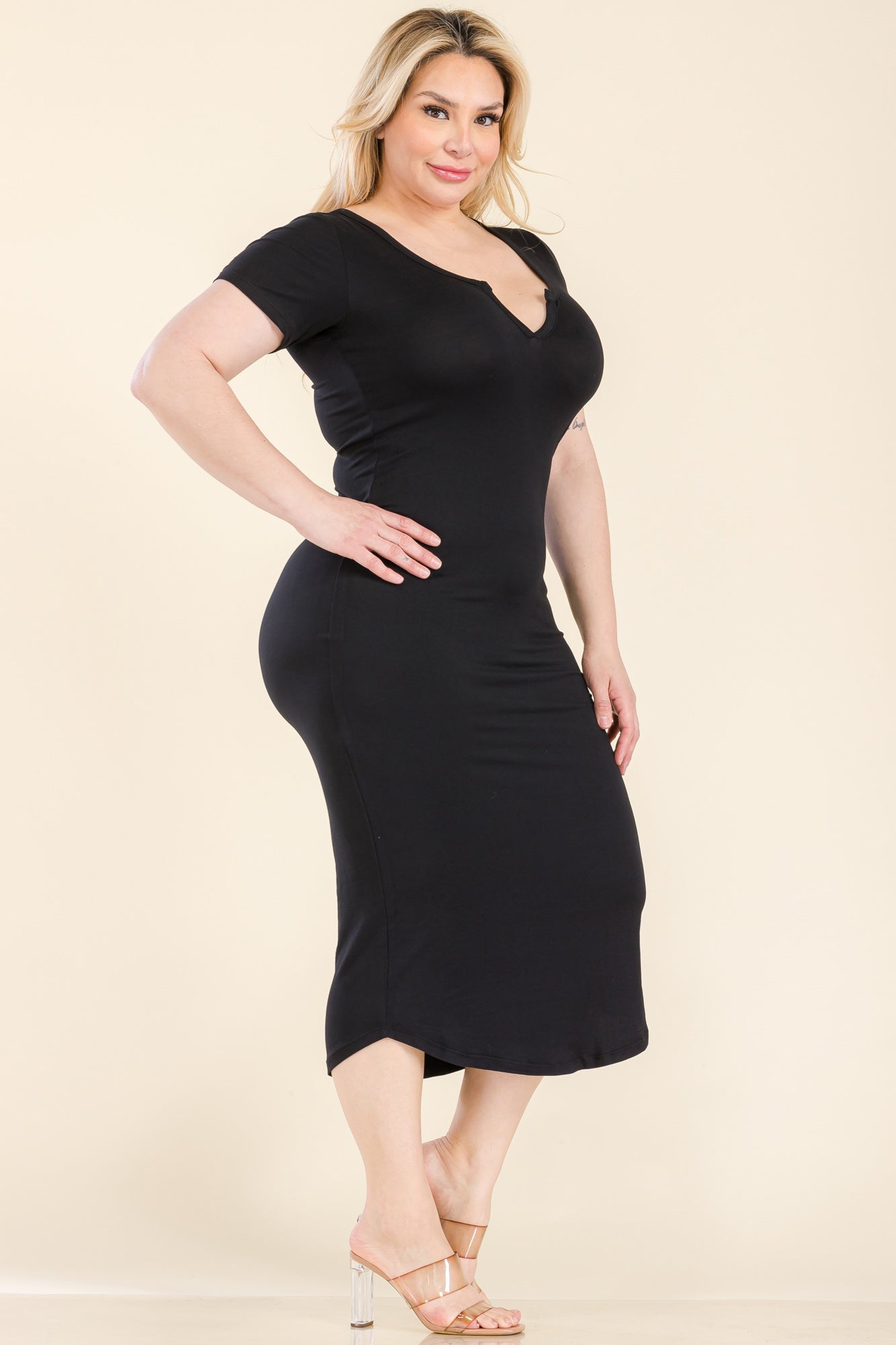 Plus Size Split Neck Bodycon Midi Dress - Capella Apparel