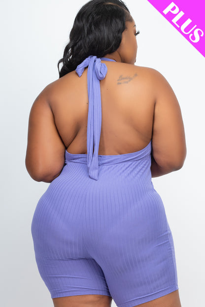 Plus Size Ribbed Halter V-Neck Bodycon Romper - Wholesale Capella Apparel