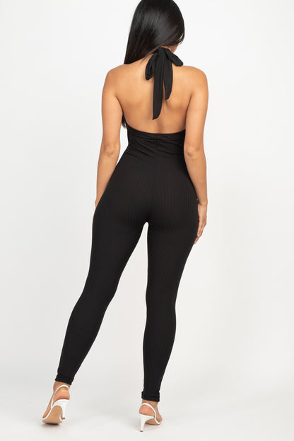 Halter V Neck Ribbed Bodycon Jumpsuit - Wholesale Capella Apparel