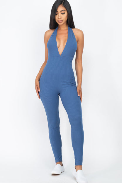 Halter V Neck Ribbed Bodycon Jumpsuit (CAPELLA) - Capella Apparel