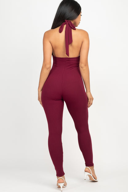 Halter V Neck Ribbed Bodycon Jumpsuit - Wholesale Capella Apparel