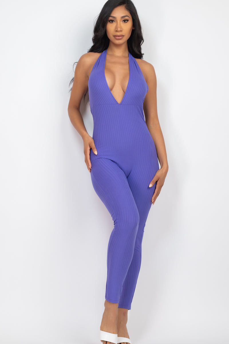 Halter V Neck Ribbed Bodycon Jumpsuit - Wholesale Capella Apparel