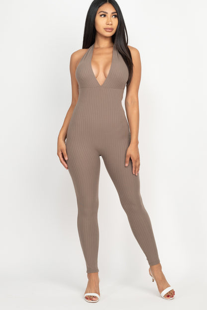 Halter V Neck Ribbed Bodycon Jumpsuit - Wholesale Capella Apparel