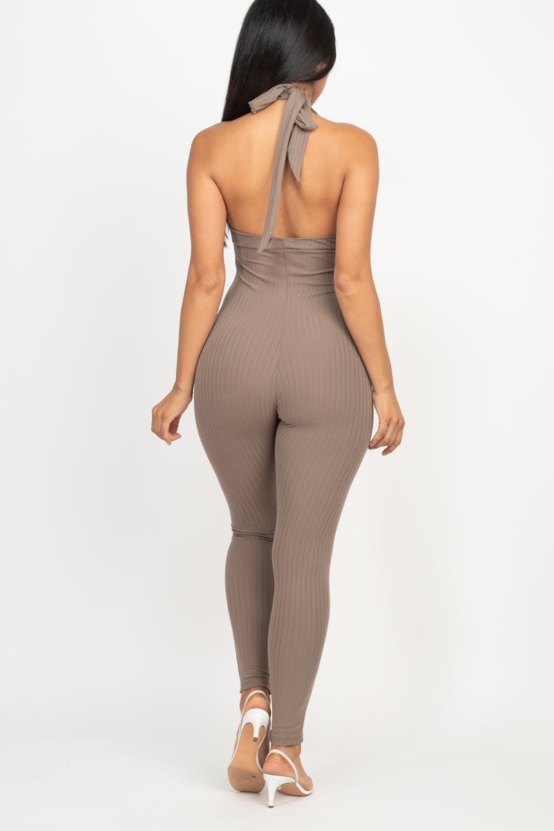 Halter V Neck Ribbed Bodycon Jumpsuit (CAPELLA) - Capella Apparel