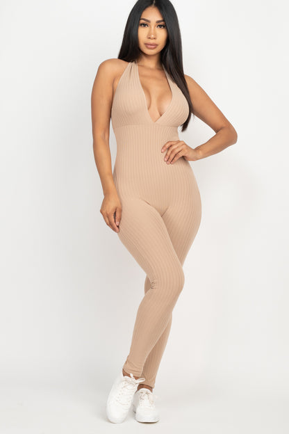 Halter V Neck Ribbed Bodycon Jumpsuit - Wholesale Capella Apparel