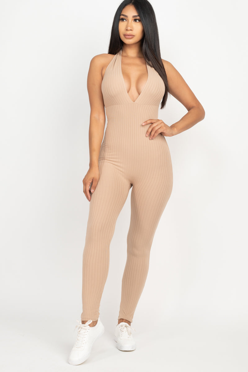 Halter V Neck Ribbed Bodycon Jumpsuit (CAPELLA) - Capella Apparel