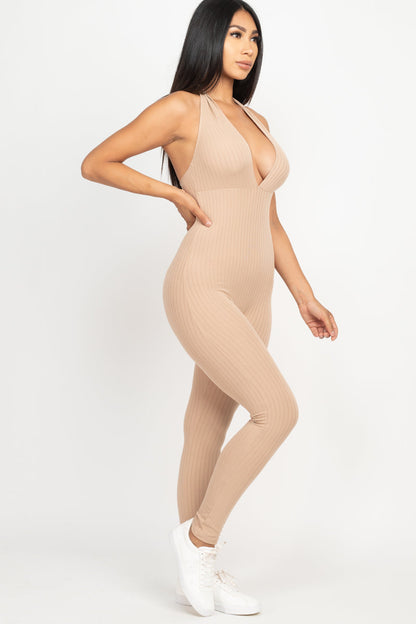 Halter V Neck Ribbed Bodycon Jumpsuit (CAPELLA) - Capella Apparel