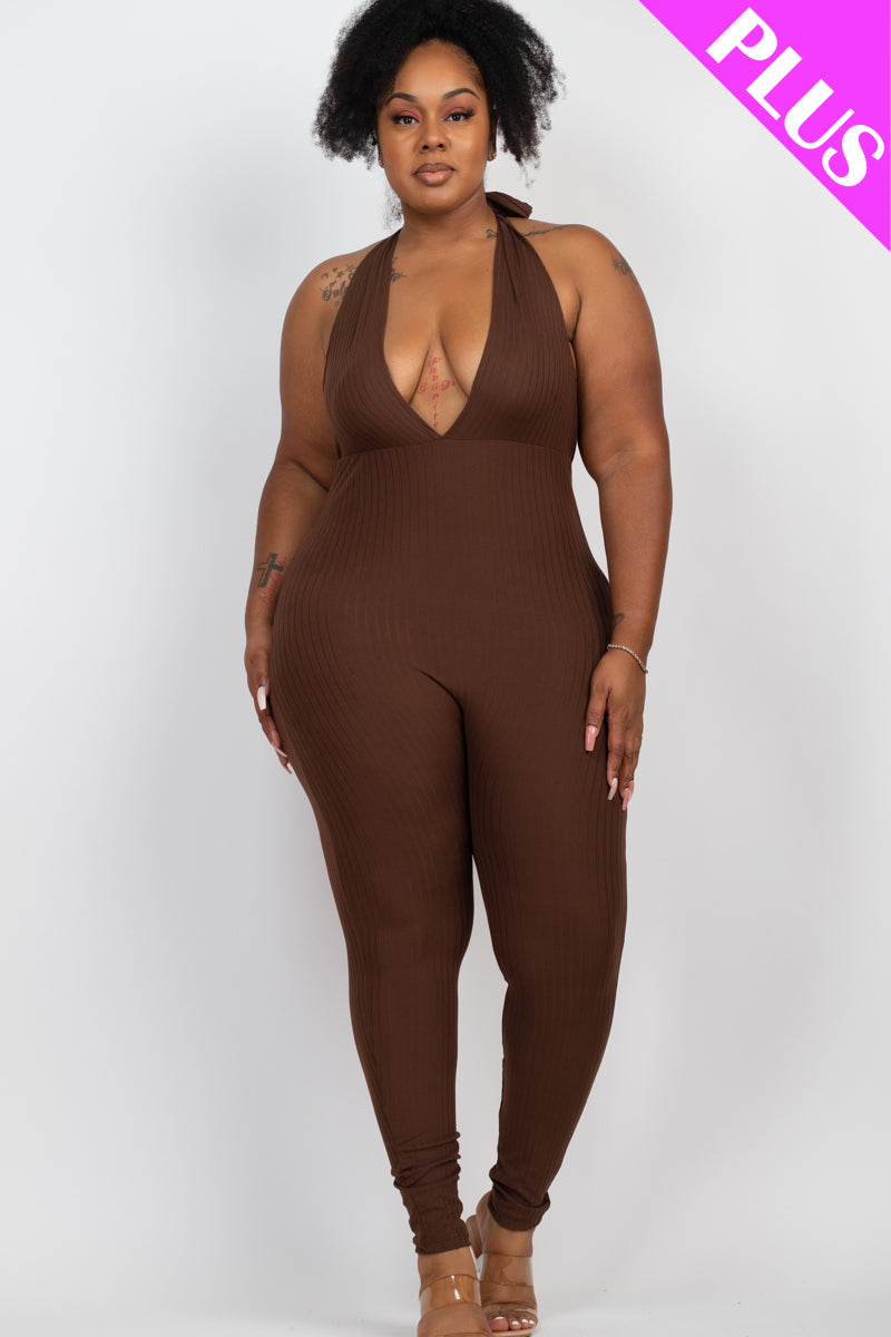 Plus Size Halter V Neck Ribbed Bodycon Jumpsuit - Capella Apparel