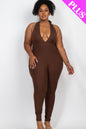 Plus Size Halter V Neck Ribbed Bodycon Jumpsuit - Capella Apparel