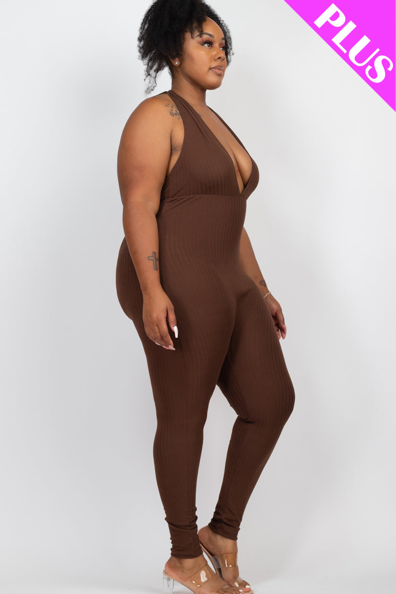 Plus Size Halter V Neck Ribbed Bodycon Jumpsuit - Capella Apparel