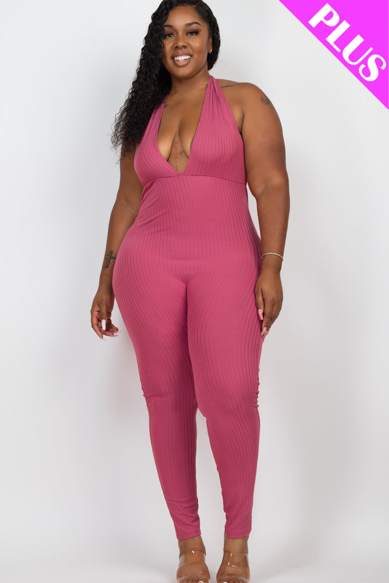 Plus Size Halter V Neck Ribbed Bodycon Jumpsuit - Capella Apparel