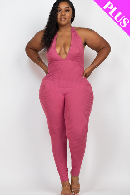 Plus Size Halter V Neck Ribbed Bodycon Jumpsuit - Capella Apparel