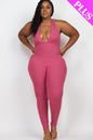 Plus Size Halter V Neck Ribbed Bodycon Jumpsuit - Capella Apparel