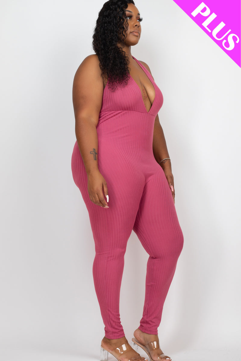 Plus Size Halter V Neck Ribbed Bodycon Jumpsuit - Capella Apparel