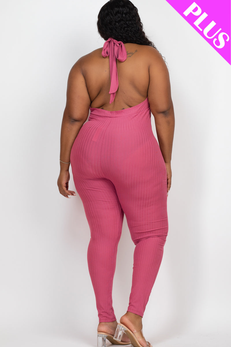 Plus Size Halter V Neck Ribbed Bodycon Jumpsuit - Capella Apparel