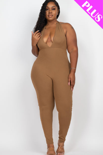 Plus Size Halter V Neck Ribbed Bodycon Jumpsuit - Capella Apparel