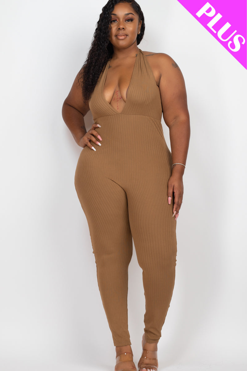 Plus Size Halter V Neck Ribbed Bodycon Jumpsuit - Capella Apparel