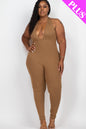 Plus Size Halter V Neck Ribbed Bodycon Jumpsuit - Capella Apparel