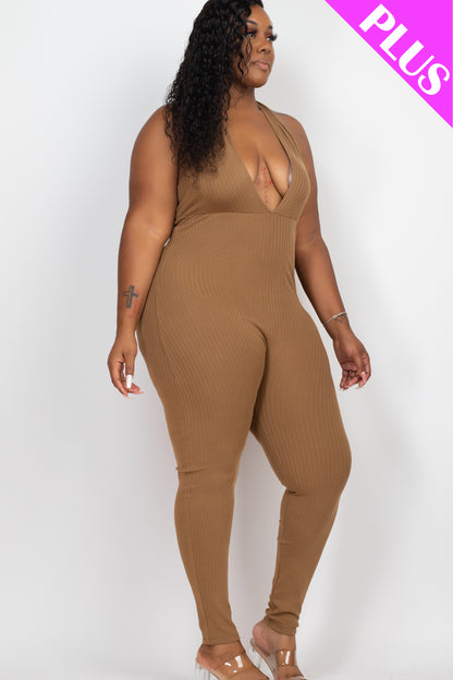 Plus Size Halter V Neck Ribbed Bodycon Jumpsuit - Capella Apparel