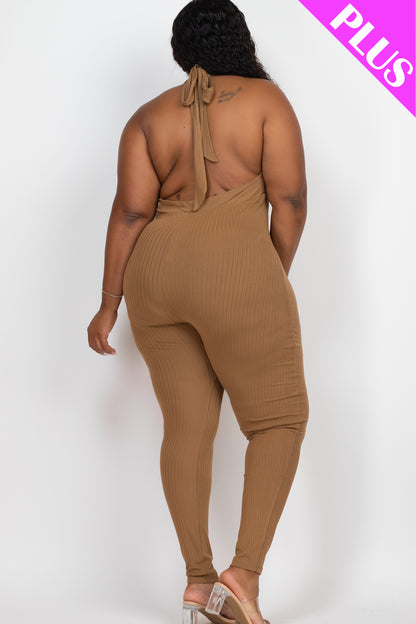 Plus Size Halter V Neck Ribbed Bodycon Jumpsuit - Capella Apparel