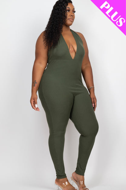 Plus Size Halter V Neck Ribbed Bodycon Jumpsuit - Capella Apparel