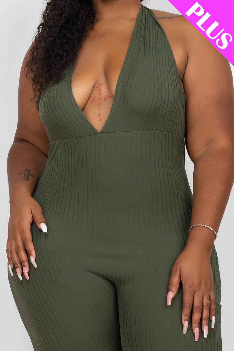 Plus Size Halter V Neck Ribbed Bodycon Jumpsuit - Capella Apparel